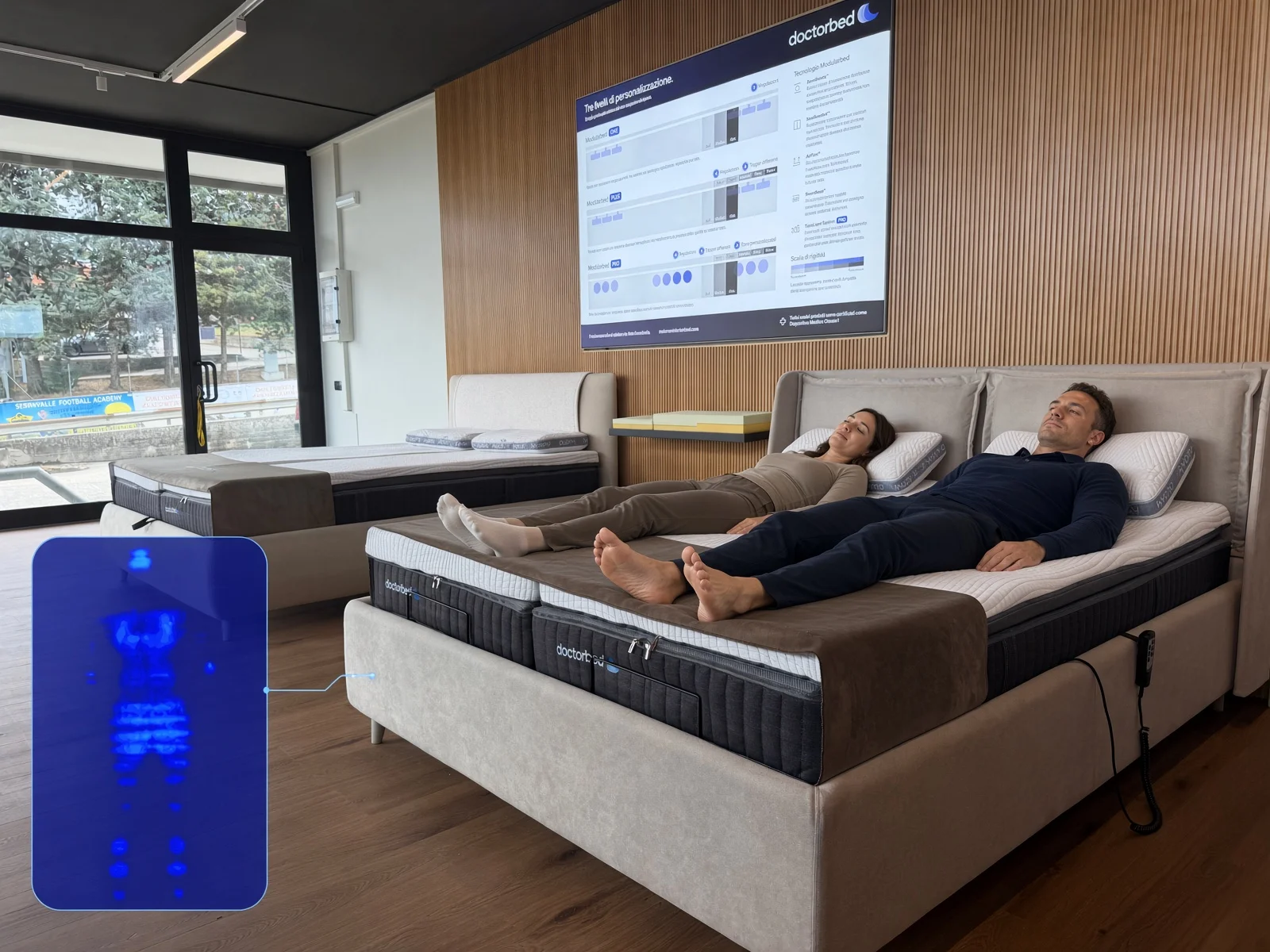 Due persone sdraiate su un materasso doctorbed nello showroom durante la prova: sullo schermo a parete i livelli di personalizzazione, in basso a sinistra un riquadro illustra la mappa di pressione del corpo